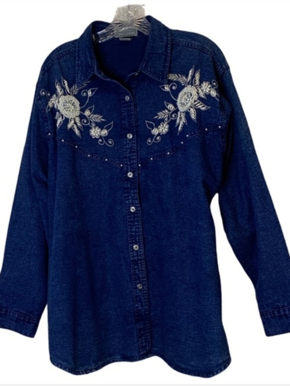 "Pearl-Like" Beaded Dark Blue Wash Cotton Button-Up Shirt - Navy- 1X